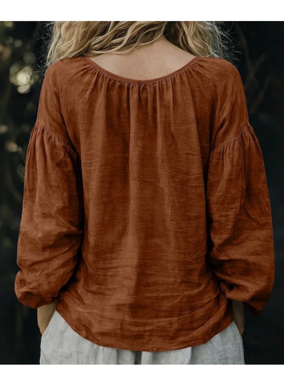 Rust Brown V-Neck Balloon Sleeve Tunic Top - Picture 2 of 5